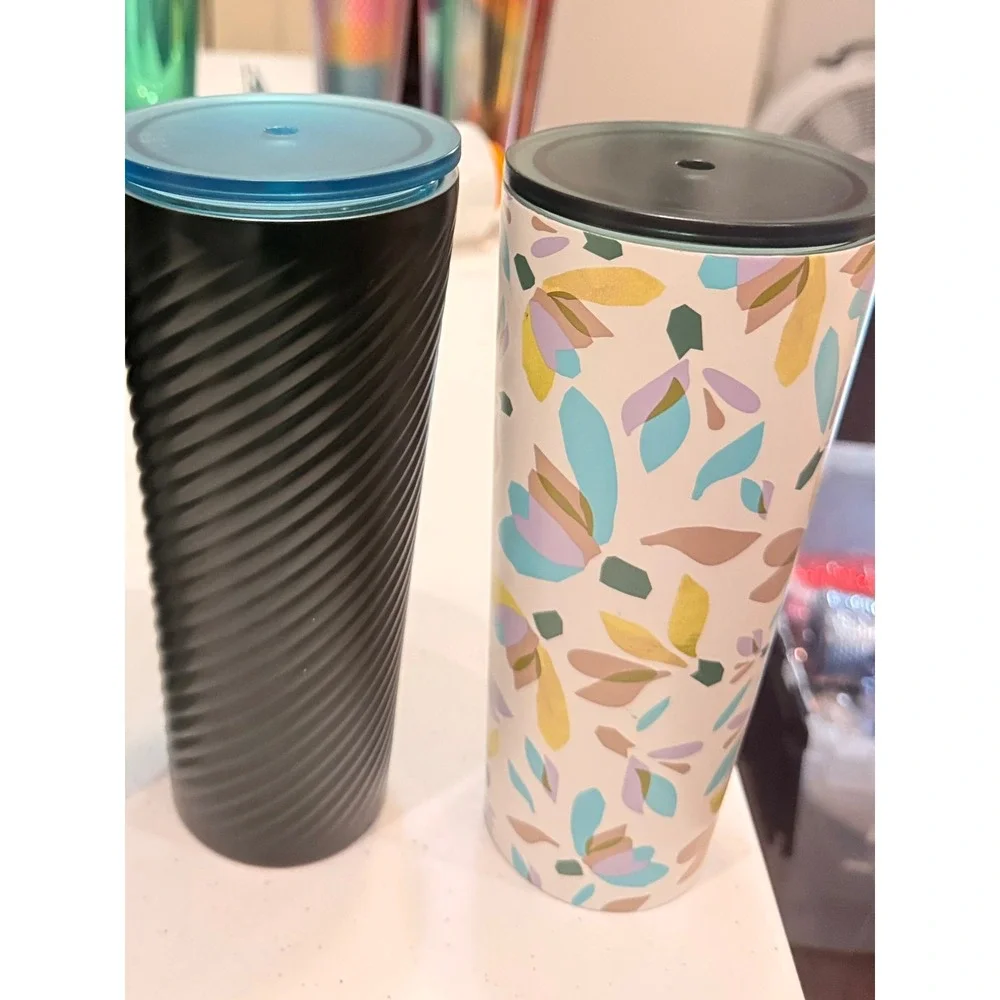 Starbucks Stainless Steel Tumbler Lot 3 Snowdrop Black Ribbed Green Swirl